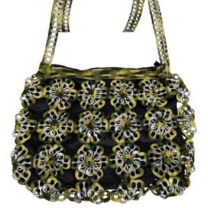 Handmade Green/Black Crochet Aluminum Can Tab Crossbody Bag Satin Lining EUC